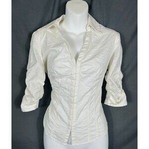 WHBM Womens Cream Deep V Collared Button Up Top Size S Ruched Eyelet Secretary